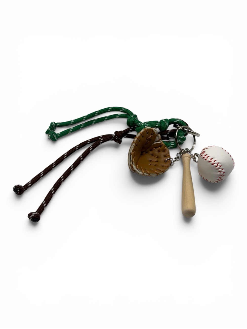 Baseball Glove, Bat & Ball Keychain with Green and Brown Cords
